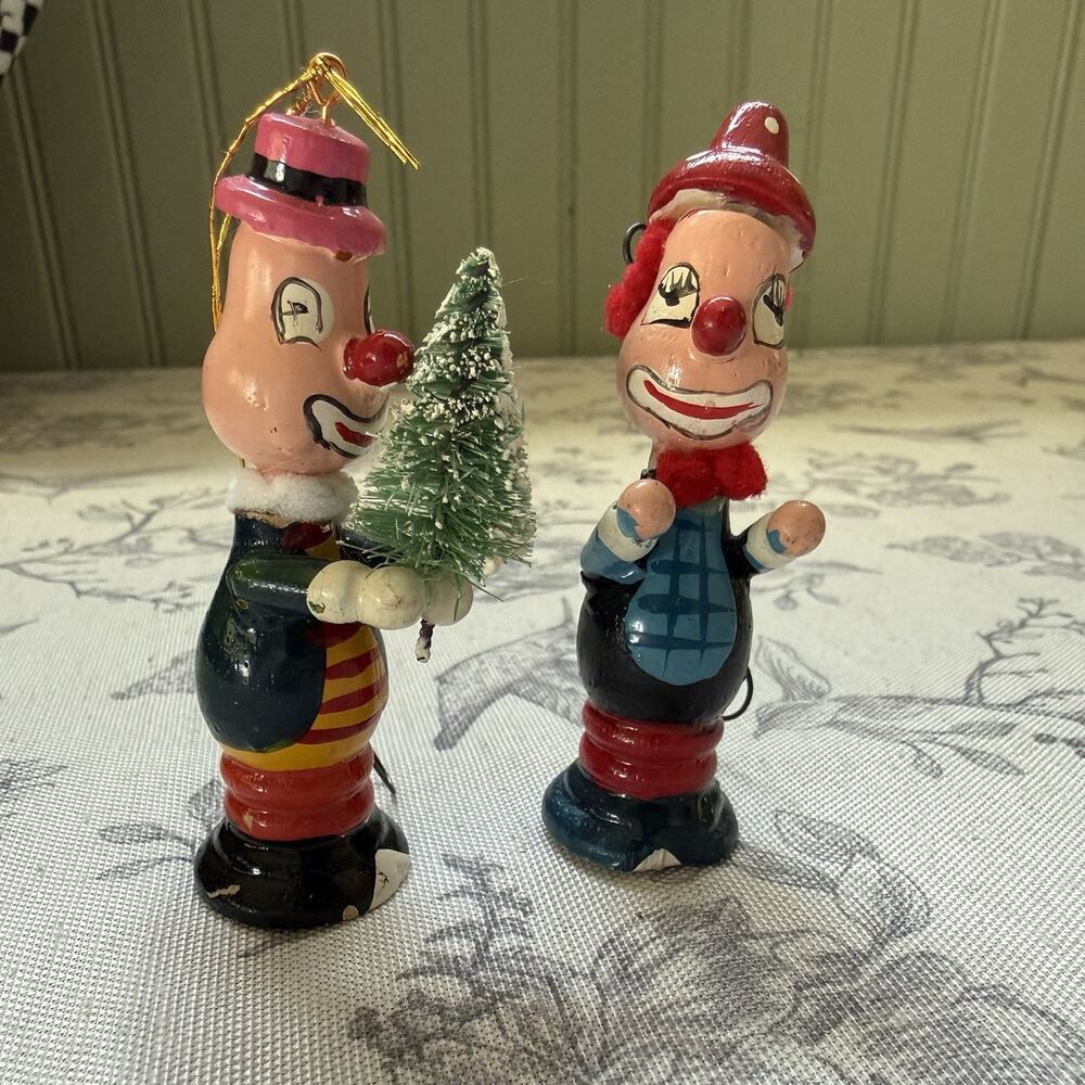 Vintage Clown Christmas Ornaments Retro Kitschy 60s 70s Hand Painted Wooden
